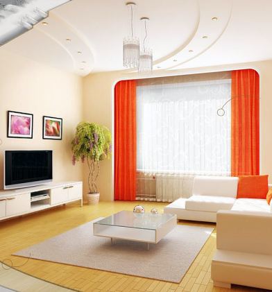 bright room with orange curtain on the window 